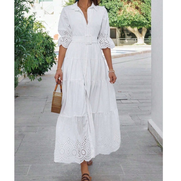 Boho White Button Down Eyelet Puff Sleeve Ruffle Hem Maxi Dress - Picture 1 of 6